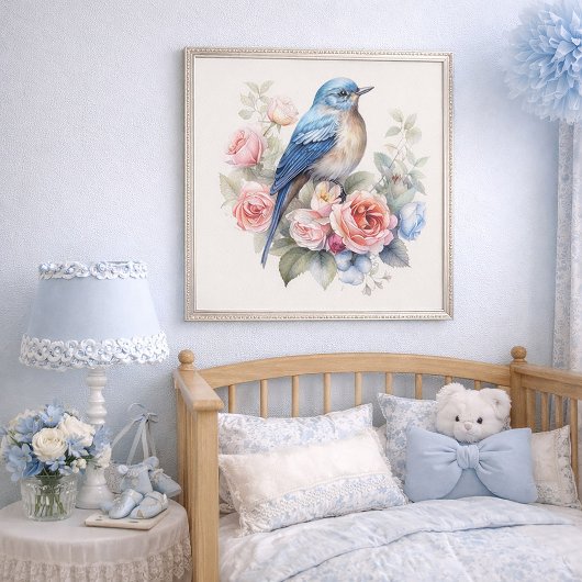 Blauwe Vogel Bloemenkunst Huisdecoratie Poster