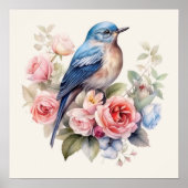 Blauwe Vogel Bloemenkunst Huisdecoratie Poster (Voorkant)
