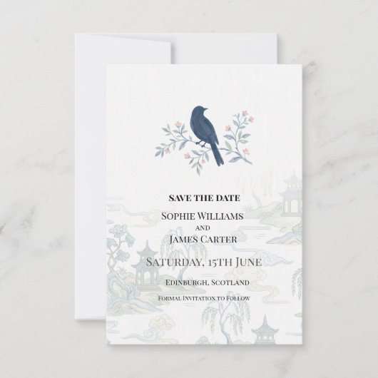 Blauwe Vogel Bloemige Bruiloft Save The Date (Voorkant)