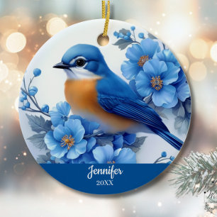 Blauwe Vogel Bloemige Kerst Noord-Amerikaans Ooste Keramisch Ornament