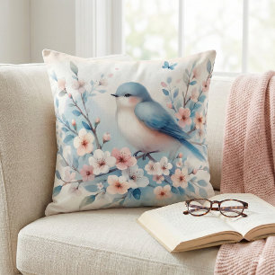 Blauwe Vogel Bloesem Waterverf Sereniteit Kussen