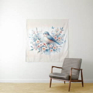 Blauwe Vogel Bloesem Waterverf Sereniteit Wandkleed