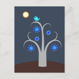 Blauwe vogel, briefkaart met volle maan