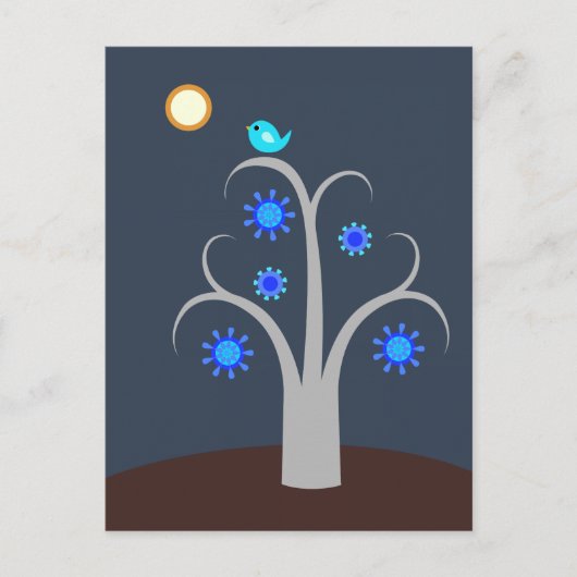 Blauwe vogel, briefkaart met volle maan (Voorkant)