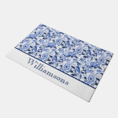 Blauwe Vogel Chinoiserie Monogram Naam Deurmat (Schuin)