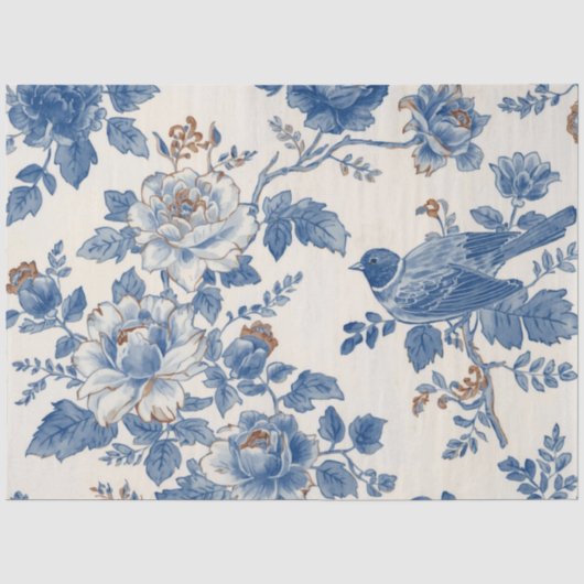 Blauwe Vogel Crème Witte Bloemen Decoupage Tissuepapier (Voorkant)