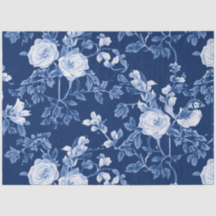 Blauwe Vogel Crème Witte Bloemen Decoupage Tissuepapier