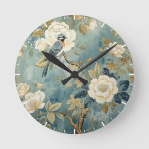 Blauwe Vogel Crème Witte Bloemen Schildering Ronde Klok