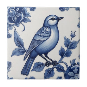 Blauwe Vogel Delfts Blauw & Wit Aziatische Bloemen Tegeltje