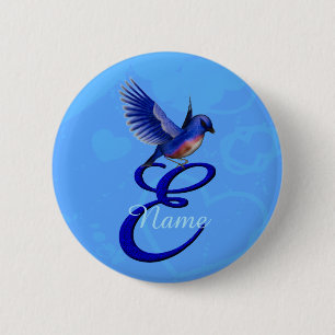 Blauwe Vogel Elegant Monogram Initiaal E Persoonli Ronde Button 5,7 Cm