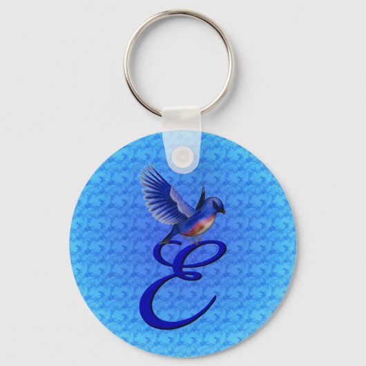 Blauwe Vogel Elegant Monogram Initiaal E Sleutelhanger (Voorkant)