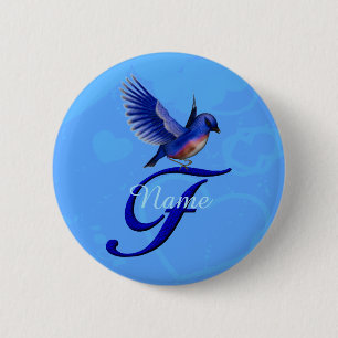 Blauwe Vogel Elegant Monogram Initiaal F Persoonli Ronde Button 5,7 Cm
