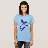 Blauwe Vogel Elegant Monogram Initiaal T T-shirt (Voorkant volledig)