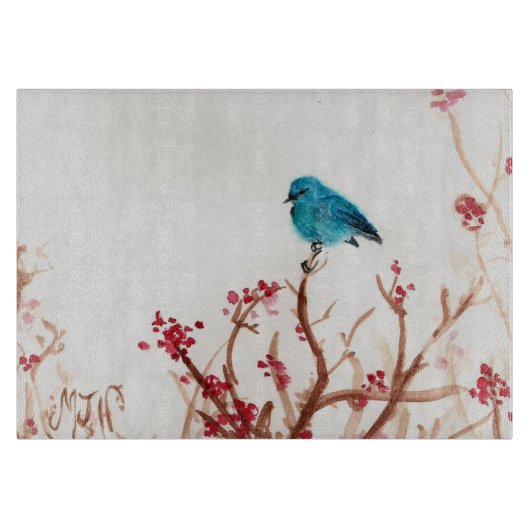 Blauwe vogel en bessen Glazen snijraad 11,5 x 8 Snijplank (Voorkant)