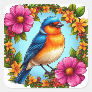 Blauwe Vogel En Bloemen Voor Natuurliefhebbers Vierkante Sticker