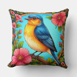 Blauwe Vogel En Bloemen Voor Vogel Liefhebbers Kussen