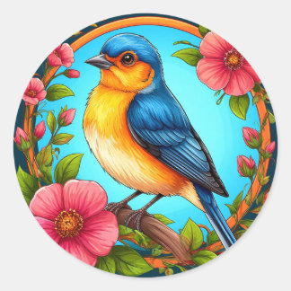 Blauwe Vogel En Bloemen Voor Vogel Liefhebbers Ronde Sticker