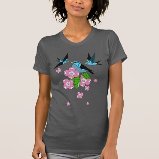 Blauwe vogel en hondenbloemen - folkkunst - ontwer t-shirt (Voorkant)