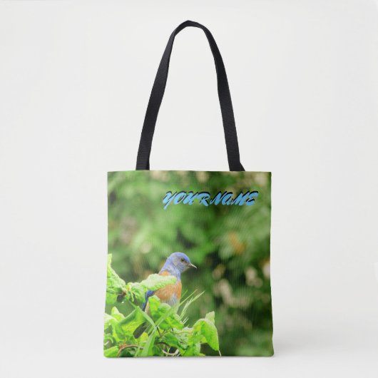 Blauwe vogel en jouw naam tote bag (Voorkant)
