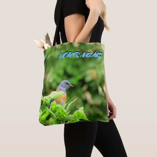 Blauwe vogel en jouw naam tote bag (Dichtbij)