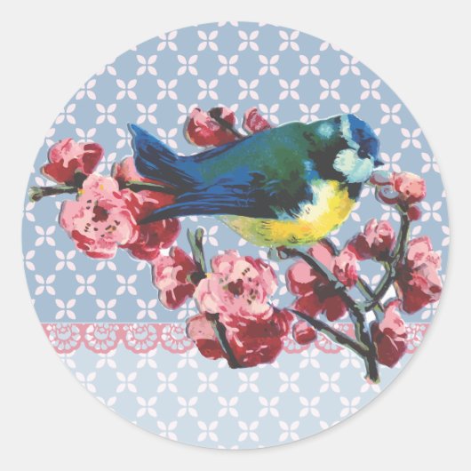 Blauwe Vogel en Kersenbloesem Ronde Sticker (Voorkant)