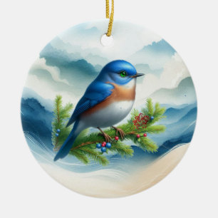 Blauwe Vogel en Kersttakken  Keramisch Ornament