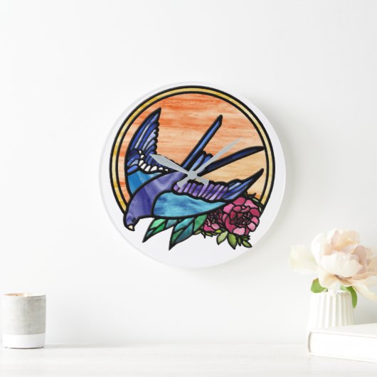 Blauwe vogel en rood roze glas ontwerp grote klok (Huis)