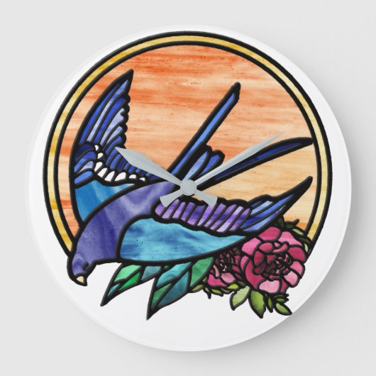 Blauwe vogel en rood roze glas ontwerp grote klok (Voorkant)