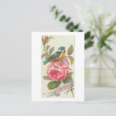 blauwe vogel en roze bloem op zaterdag briefkaart (Staand voorkant)