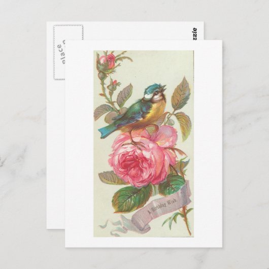 blauwe vogel en roze bloem op zaterdag briefkaart (Voorkant / Achterkant)