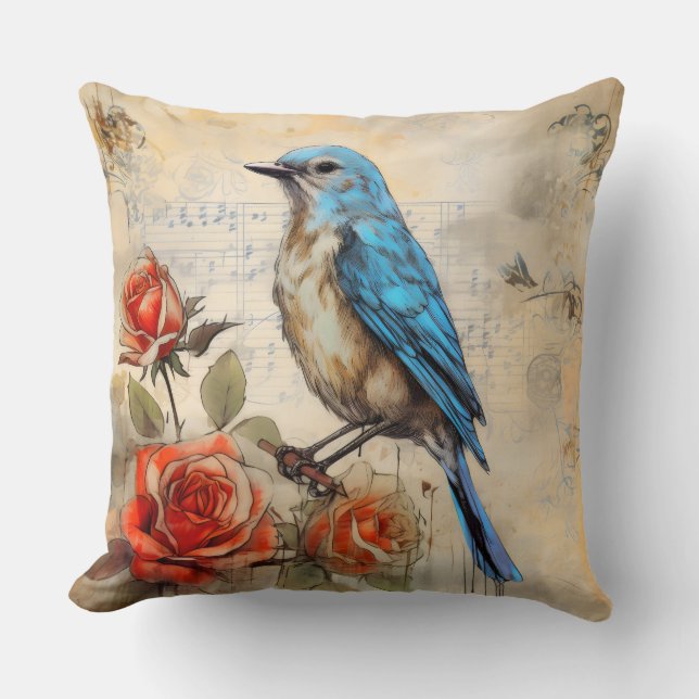 Blauwe vogel en Rozen 1 Kussen (Voorkant)