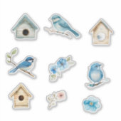 Blauwe vogel en vogelhuisjes sticker (Voorkant)
