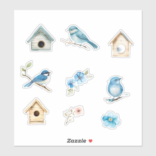 Blauwe vogel en vogelhuisjes sticker (Vel)