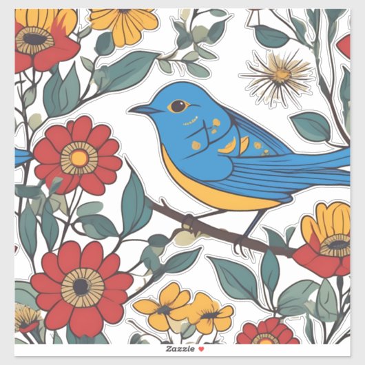 Blauwe Vogel en Wildflower Folk Art Sticker (Vel)