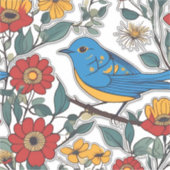 Blauwe Vogel en Wildflower Folk Art Sticker (Voorkant)