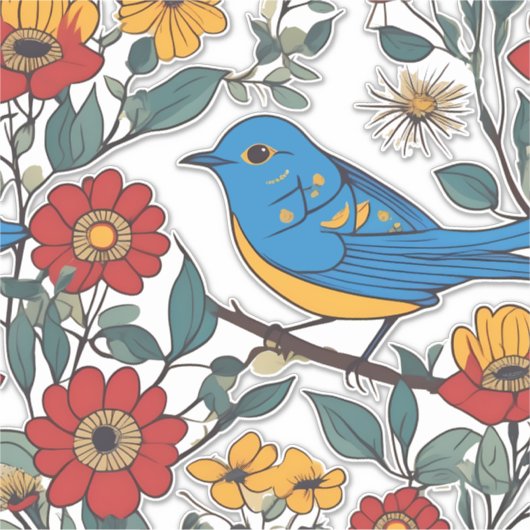 Blauwe Vogel en Wildflower Folk Art Sticker (Voorkant)
