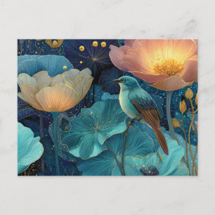 Blauwe Vogel Geperst Te midden van Glanzende Bloem Briefkaart