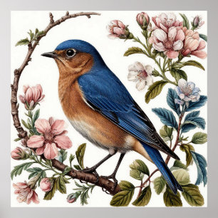 Blauwe Vogel Gezeten Tussen Bloeiende Bloemen Poster