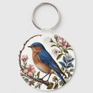 Blauwe Vogel Gezeten Tussen Bloeiende Bloemen Sleutelhanger