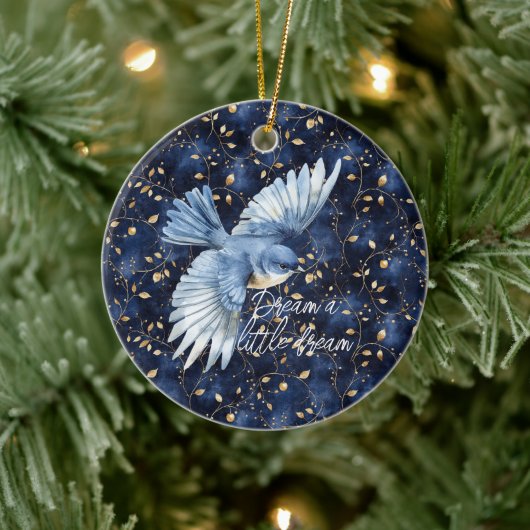 Blauwe Vogel Gouden Bladeren Droom Keramisch Ornament (Boom)