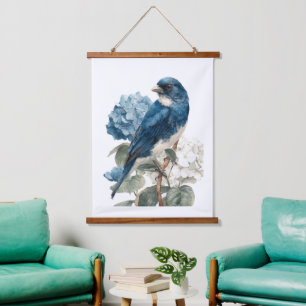 Blauwe Vogel Hydrangea's Waterverf Bloemen Hangend Wandkleed