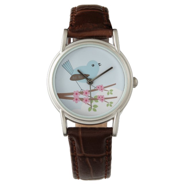 Blauwe vogel in Blossom Tree Cute Horloge (Voorkant)