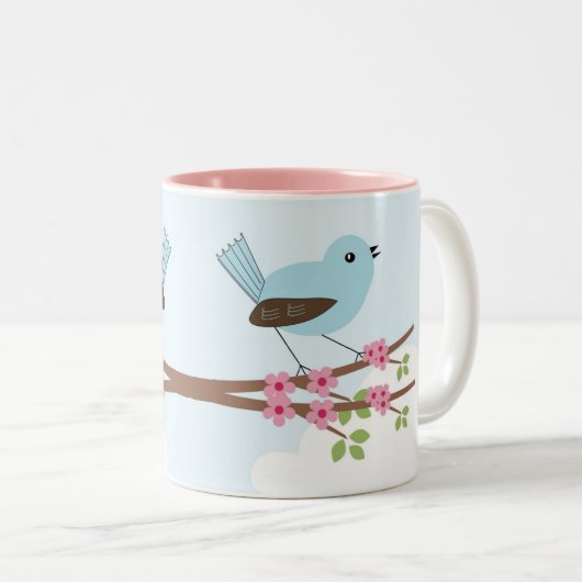 Blauwe vogel in Blossom Tree Cute Tweekleurige Koffiemok (Voorkant rechts)