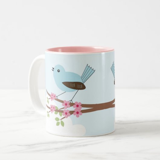 Blauwe vogel in Blossom Tree Cute Tweekleurige Koffiemok (Voorkant links)