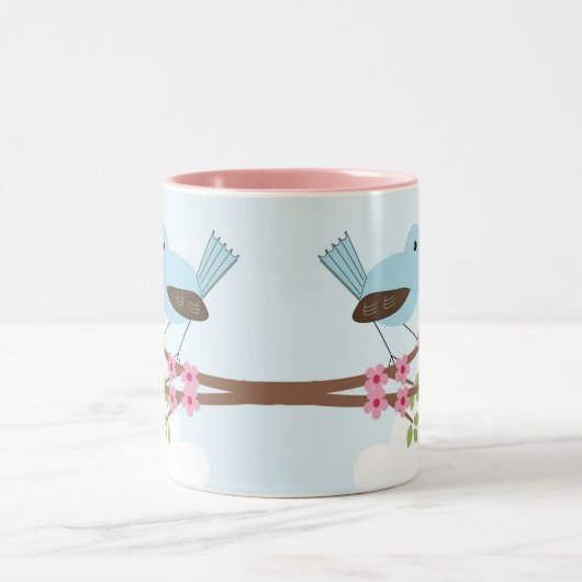 Blauwe vogel in Blossom Tree Cute Tweekleurige Koffiemok (Center)