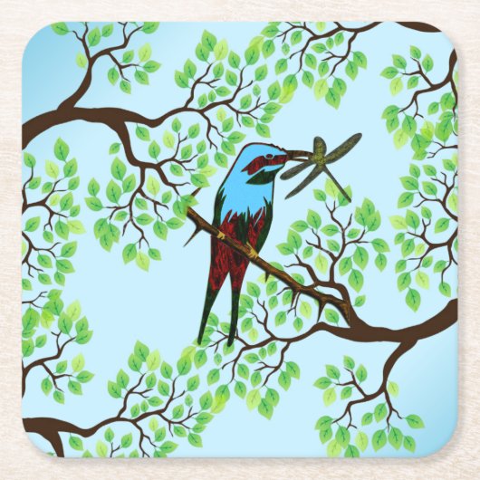 Blauwe vogel in bomen kartonnen onderzetters (Voorkant)