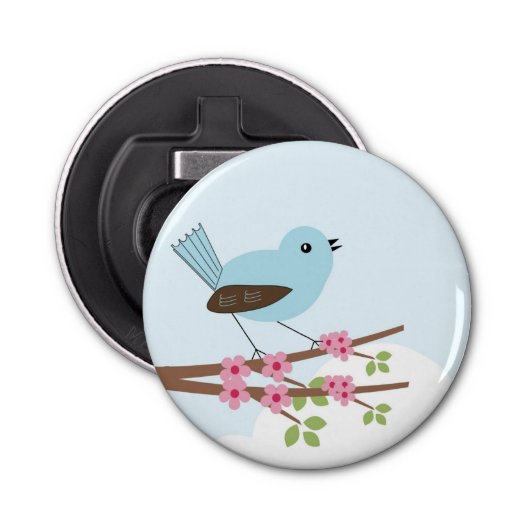 Blauwe vogel in de Blossom-boom Button Flesopener (Voorkant)
