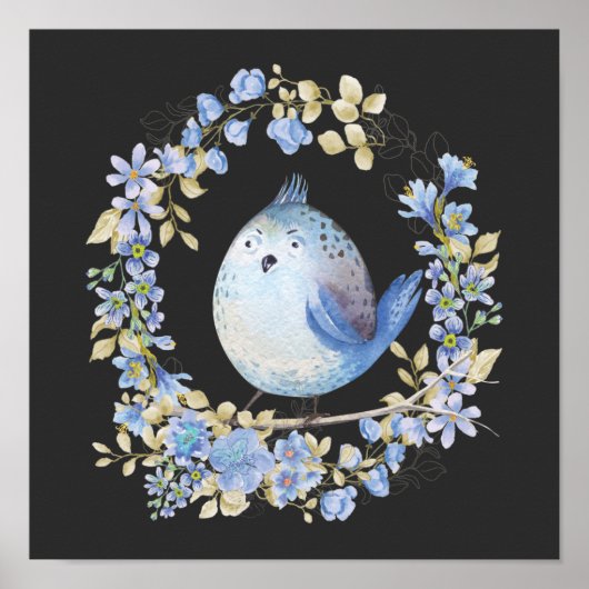 Blauwe vogel in de mond poster (Voorkant)