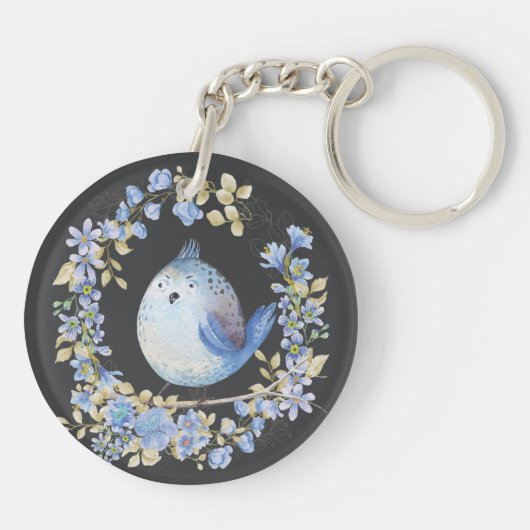 Blauwe vogel in de mond sleutelhanger (Achterkant)