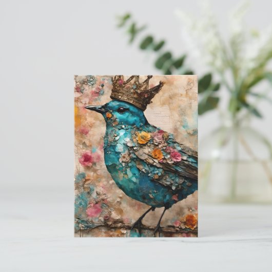 Blauwe vogel in een kroon briefkaart (Staand voorkant)